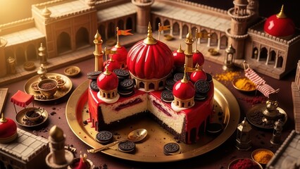 A delectable cake shaped like a majestic Indian palace, adorned with intricate details and vibrant colors, evoking the rich cultural heritage and culinary artistry of India.