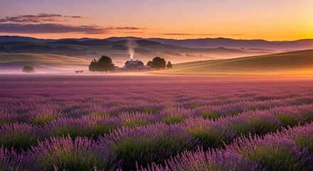 Tranquil lavender field at sunrise with misty hills and a distant farmhouse