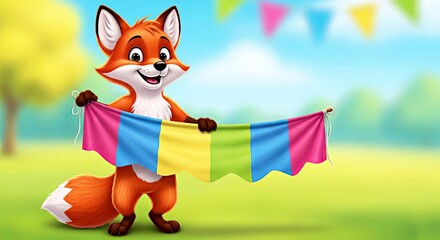 Cartoon fox holding colorful party bunting in vibrant outdoor setting  