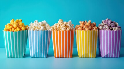 Five striped popcorn boxes filled with different types of popcorn stand on a vivid blue surface creating a cheerful and vibrant display for movie lovers.
