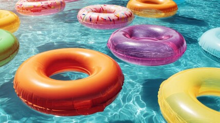 Brightly colored inflatable tubes float on the surface of a sparkling swimming pool under warm sunlight. This lively setting invites fun and relaxation during a summer day.