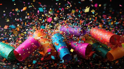 Brightly colored party poppers explode scattering confetti in the air. The scene captures the joy and excitement of a festive celebration filled with color and energy.