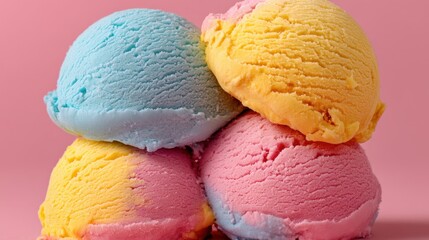 Four vibrant scoops of ice cream in blue yellow and pink are carefully stacked against a soft pink background creating a joyful and refreshing scene perfect for summer.