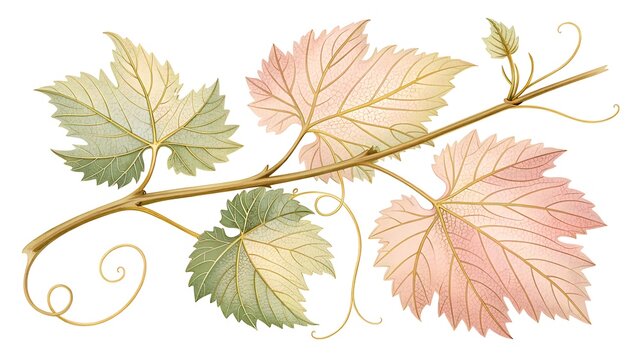 Vintage botanical illustration of a grapevine branch with several lobed leaves showing subtle color variations from green to soft pink, isolated on white background - Powered by Adobe
