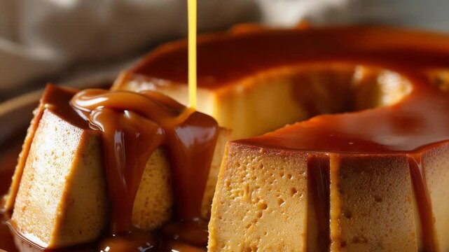 Delicious caramel sauce being poured over a slice of flan dessert
