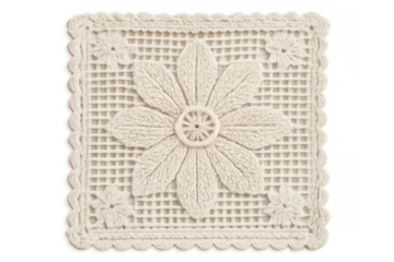 Handcrafted beige crochet coaster presenting a central floral design and smaller flower details, on transparent background