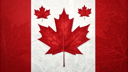 Stylized red maple leaf design prominently featured on a textured background resembling the canadian flag with three leaves symbolizing national pride and heritage