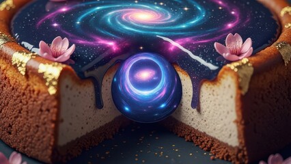 A cosmic cheesecake with a galaxy swirl on top, adorned with delicate pink flowers and shimmering gold accents, creating a celestial dessert that blends culinary art with cosmic beauty