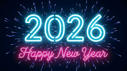 Bright neon 2026 happy new year sign with fireworks on a dark background