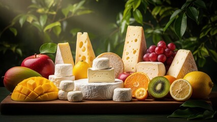 Gourmet cheese and fresh fruit assortment on a rustic wooden board