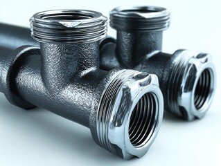 Steel pipe fittings close-up with threaded connections on white background  