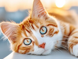 Playful orange tabby cat relaxing with sunset background  
