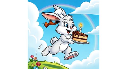 Cartoon rabbit carrying birthday cake under a rainbow in sky  