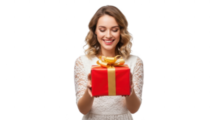 Woman holding a red gift box with a golden ribbon, isolated on transparent background