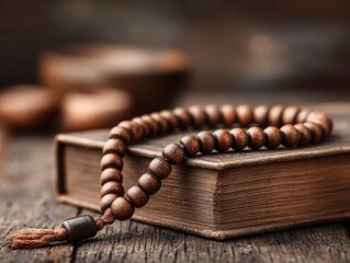 Wooden prayer beads resting on an antique book on a wooden table  