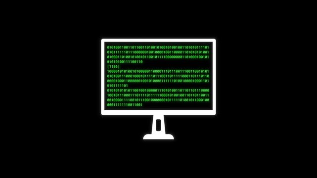 Binary code animation running on white monitor icon over black background