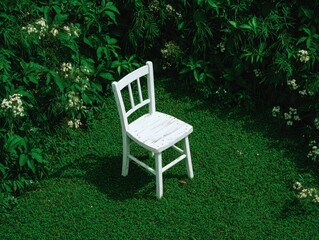 White wooden chair in lush green garden surrounded by plants  