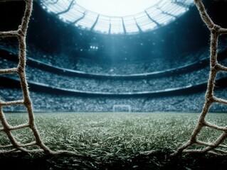 Football stadium viewed from the goal net during daytime  
