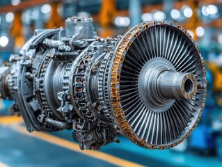 Industrial gas turbine engine on display in a workshop environment  