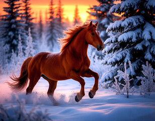 A galloping red horse, fluffy, airy, snow-covered trees covered with frost, spruce trees in the snow, sunset, radiance, close-up