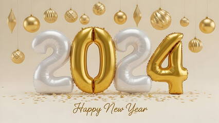 Elegant new year 2024 celebration with gold and silver balloons and festive decorations on a beige background