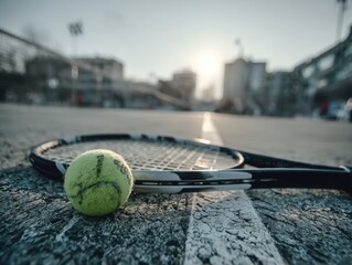 Tennis racket and ball on court surface during sunset  