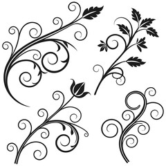 Ornamental swirl flourish vector set of 4—elegant black baroque corner embellishments, vintage curlicue filigree accents, decorative scroll tattoo motifs, classic floral arabesque design elements 