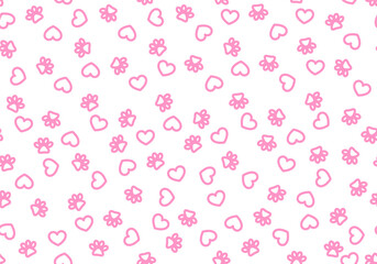 Paw Print and Heart Pattern on Light Background. Paw Prints And Hearts Seamless Pattern