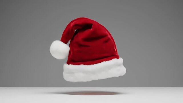 Vibrant red Santa hat gently floats above a smooth surface, showcasing its plush texture and festive design, with a gradual upward camera movement enhancing the visual appeal