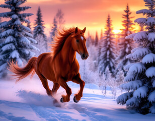 A galloping red horse, fluffy, airy, snow-covered trees covered with frost, spruce trees in the snow, sunset, radiance, close-up