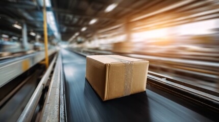 A cardboard box slides swiftly along a conveyor belt in a bustling sorting center. Bright light filters through the industrial space, highlighting the activity