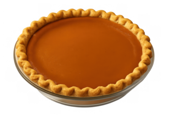 Pumpkin pie in a glass dish with a golden crust, representing seasonal traditions, delicious baked goods, and festive meals