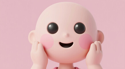 Obraz premium a close-up of a small doll with a pink background. The doll has a round head with big black eyes and a big smile on its face. It has two small pink cheeks on either side
