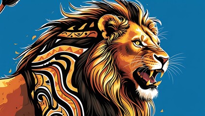 Roaring lion with striking tribal patterns, a vibrant and powerful artistic design perfect for bold statements in branding and creative projects.
