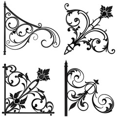 Ornamental swirl flourish vector set of 4—elegant black baroque corner embellishments, vintage curlicue filigree accents, decorative scroll tattoo motifs, classic floral arabesque design elements 