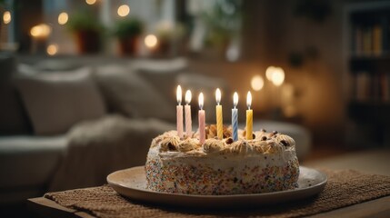 A colorful cake adorned with lit candles sits on a table in a cozy living room. Warm lights create a festive atmosphere during a joyous celebration with family or friends.