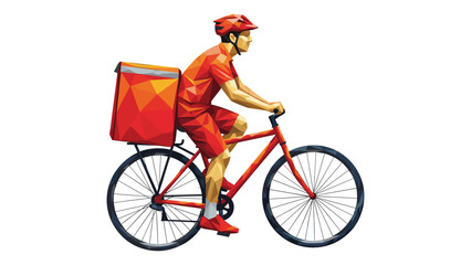Obraz premium Geometric courier riding bicycle in low poly style with delivery backpack