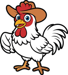 Funny cartoon chicken with cowboy hat, farm animal character, expressive eyes, western style mascot, vector clipart, isolated white background