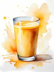 Vibrant watercolor illustration of a glass of orange or mango juice, or a healthy smoothie with splashes of yellow and orange color on a white background. Refreshing drink, summer beverage.