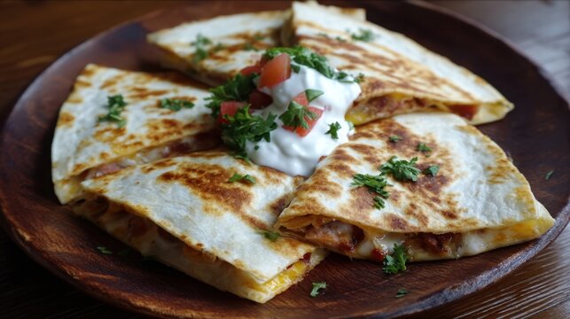 A plate features golden grilled quesadillas filled with cheese and vegetables garnished with fresh tomatoes cilantro and creamy sauce. Great for sharing or enjoying alone. - Powered by Adobe