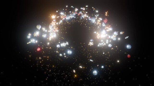 A star trail. Gold sparkles. Black background. Flying particles with christmas balls. Magic light. Fairy tail. Award for sparkling glitter trail particle. 3D Animation