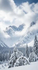 Winter Mountain Background with Snowfall.