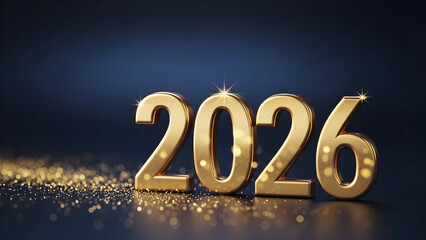Golden 3d numbers of the year 2026 illuminated with sparkling glitter and bokeh effects