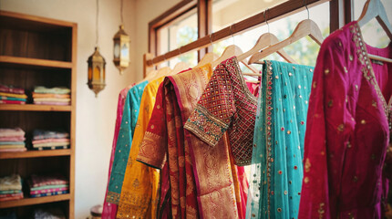 Close-up of ornate Indian garments on rack with rich textures and vibrant colors.