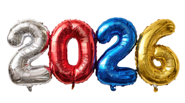 Shiny metallic balloons spelling out the year 2026 isolated on transparent background - Powered by Adobe