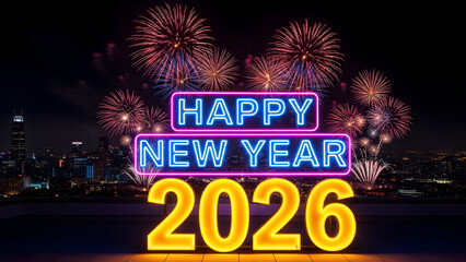 Bright neon sign reads happy new year 2026 illuminated against a night sky with fireworks