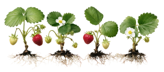 Four strawberry plants with roots leaves and fruit isolated on transparent background