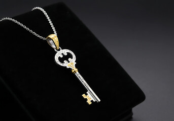 Fototapeta premium Luxury Key Necklace Pendant Silver and Gold Fashion Jewelry Gift Idea