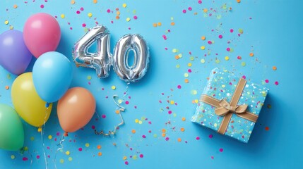 Bright balloons in various colors and a wrapped gift create a festive scene celebrating a 40th birthday. Colorful confetti adds joy against the blue backdrop.