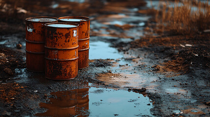 Three rusty barrels sit abandoned in a muddy polluted wasteland